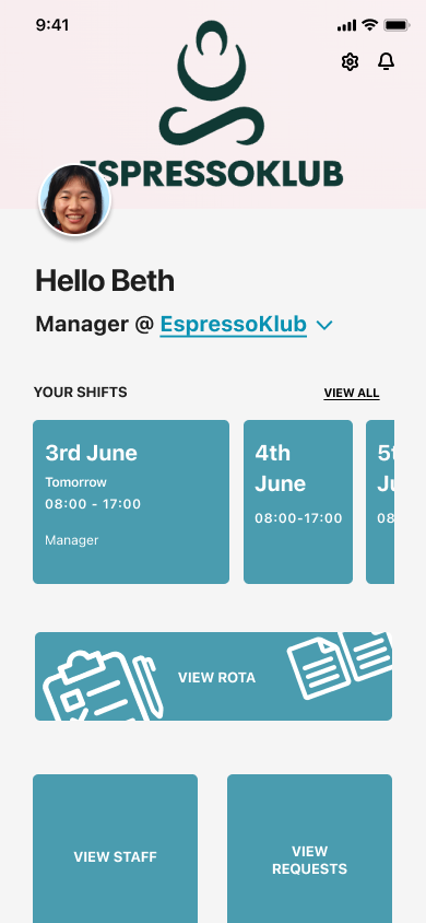 Snappy Staff home screen for a manager, showing their upcoming shifts and a link through to the full rota.