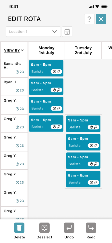 Snappy Staff Edit Rota screen, showing each staff member's shifts for the week and hours remaining against their contract.