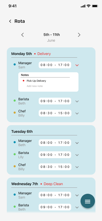 Snappy Staff Rota screen for a single day, with a note reading Pick-Up Delivery attached to the manager's shift.